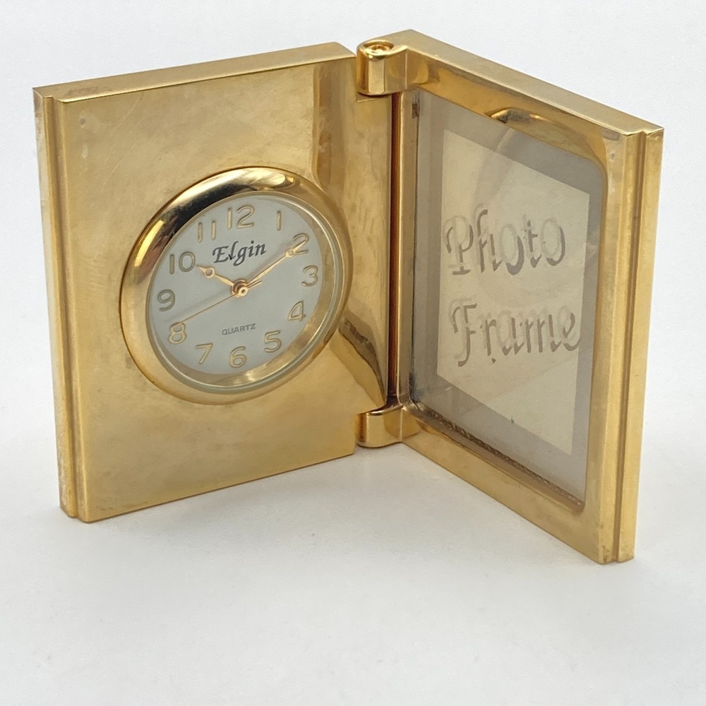 Vintage Elgin Desk Clock Gold Tone Photo Frame New Battery Works